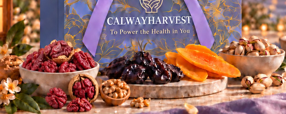 Red Walnut Cheese Board — California red walnuts, prunes, dried mango, pistachios and more arranged on a marble board