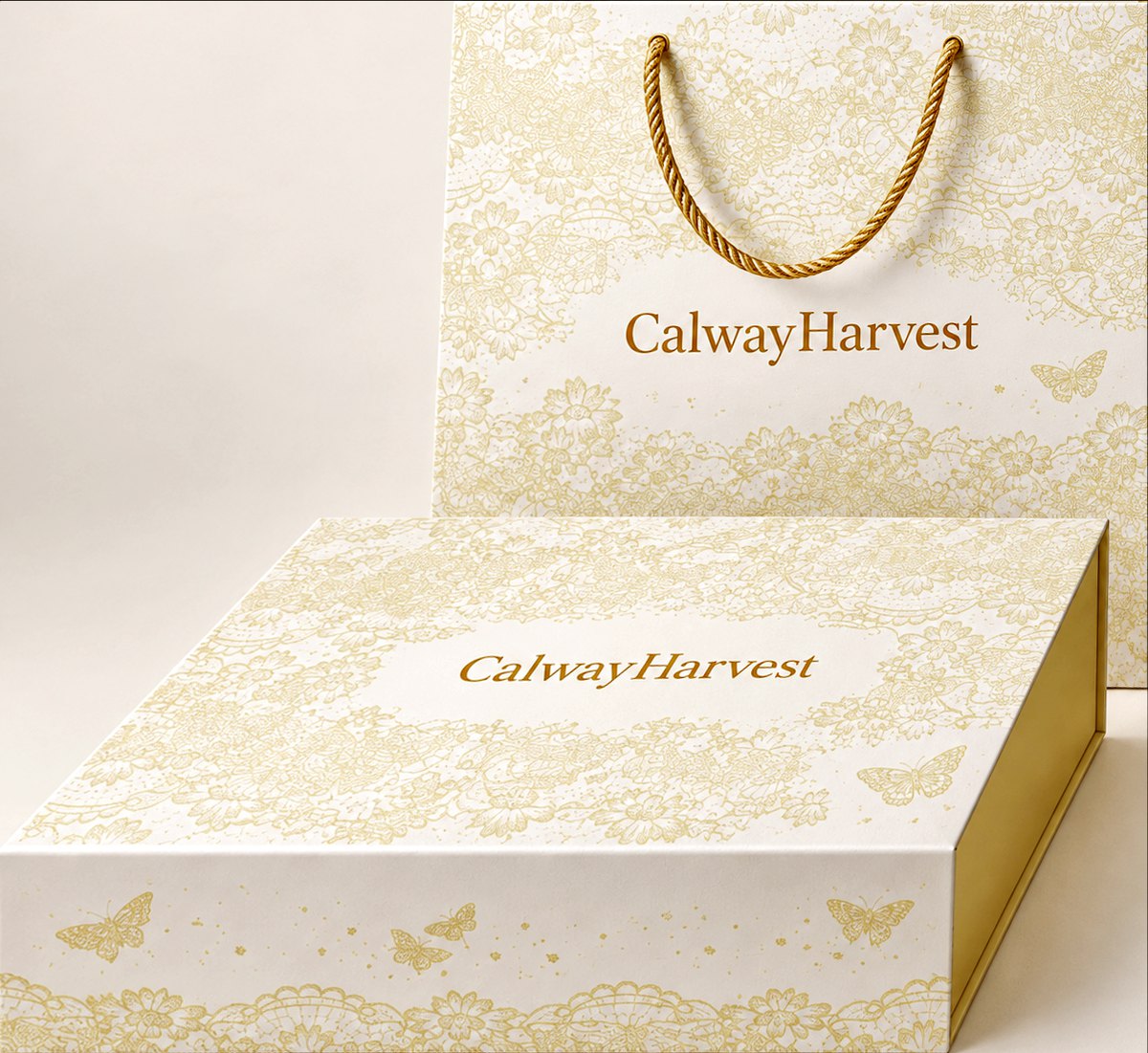 CalwayHarvest ivory and gold gift box with a matching gift bag, finished with lace florals and butterflies